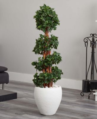4' English Ivy Topiary UV-Resistant Indoor/Outdoor Artificial Tree in White Oval Planter