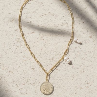 Stainless Steel Chain Necklace with Freshwater Pearls & Coin Pendant
