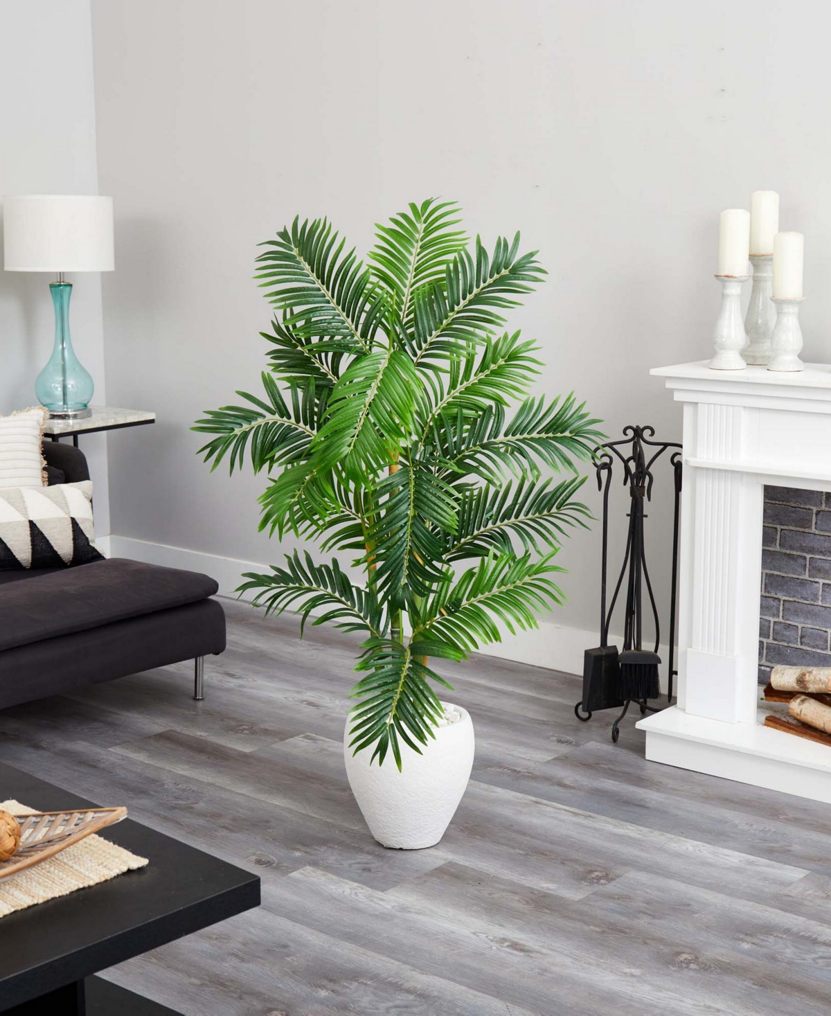 Nearly Natural 63" Areca Palm Artificial Tree In White Planter In Green