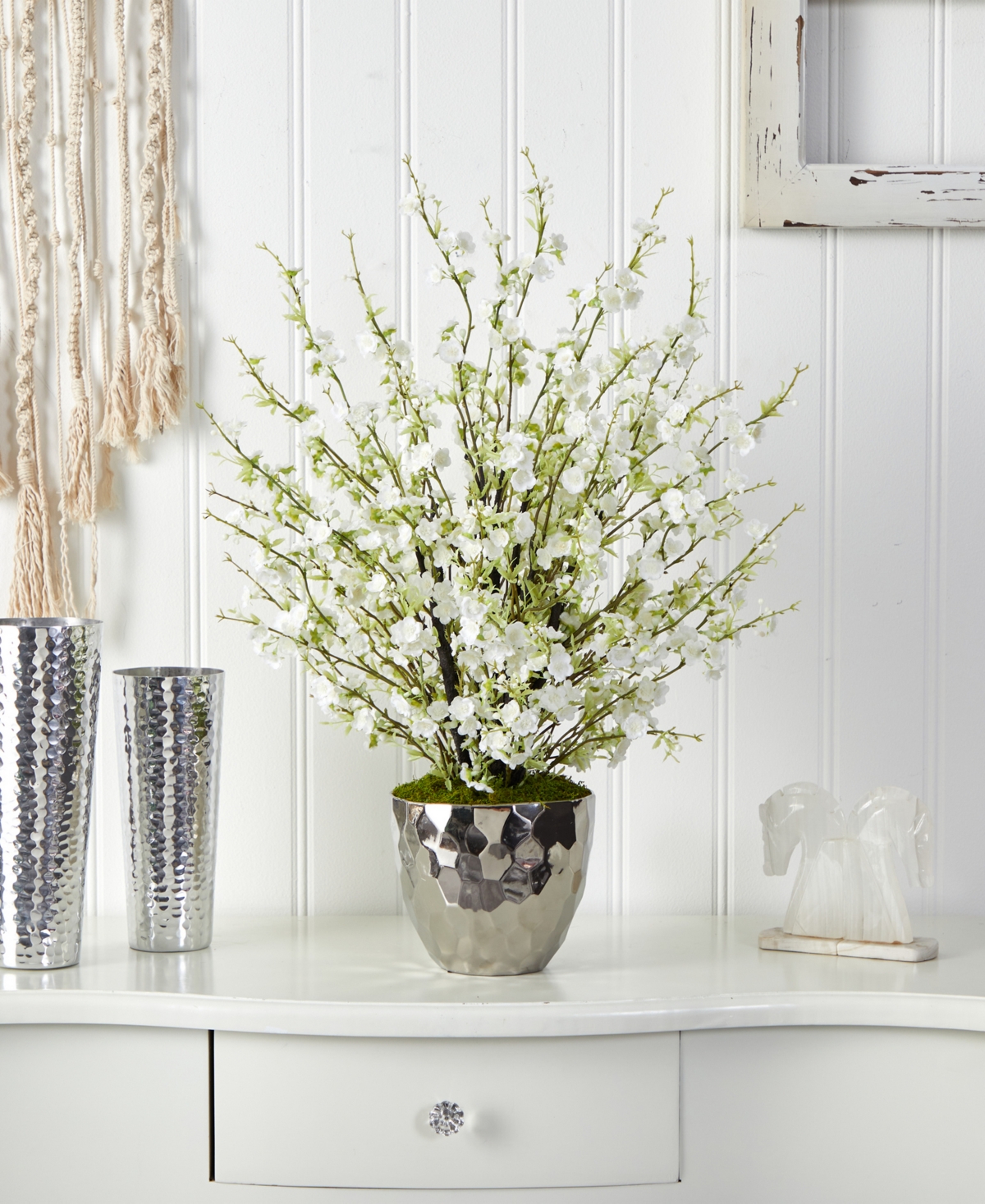 Nearly Natural 29in. Cherry Blossom Artificial Arrangement In Silver Bowl In White
