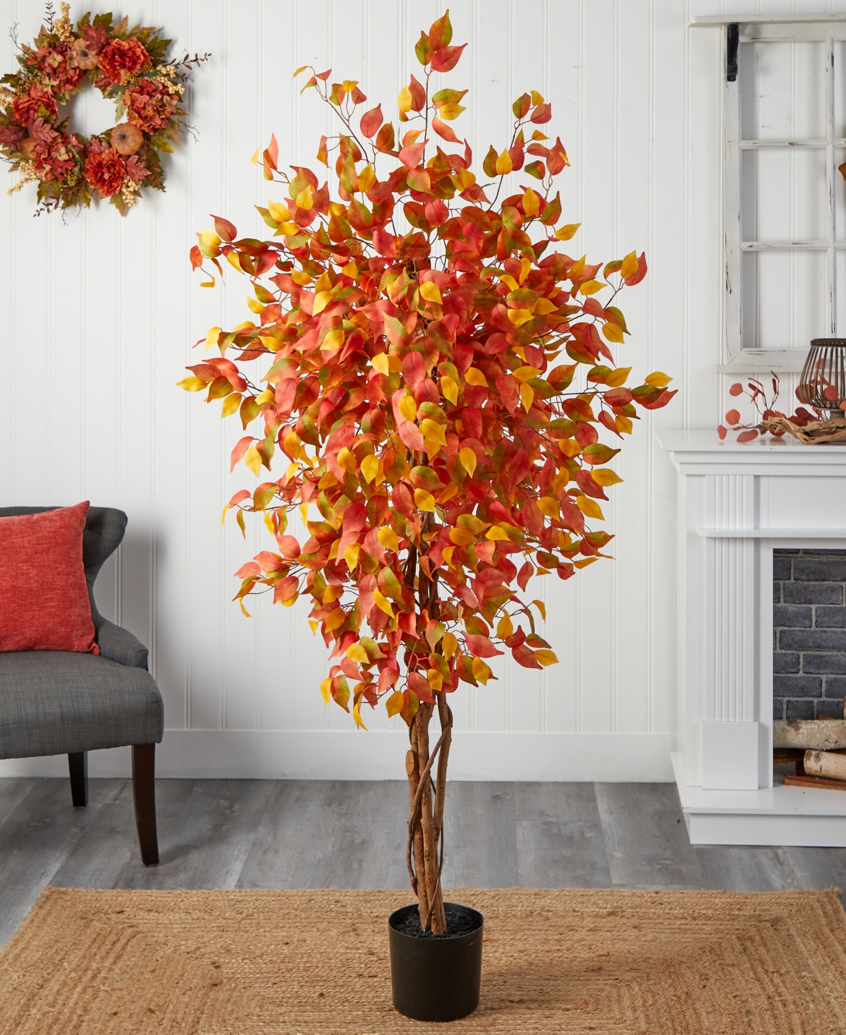 Shop Nearly Natural Autumn Ficus Artificial Fall Tree, 6' In Orange