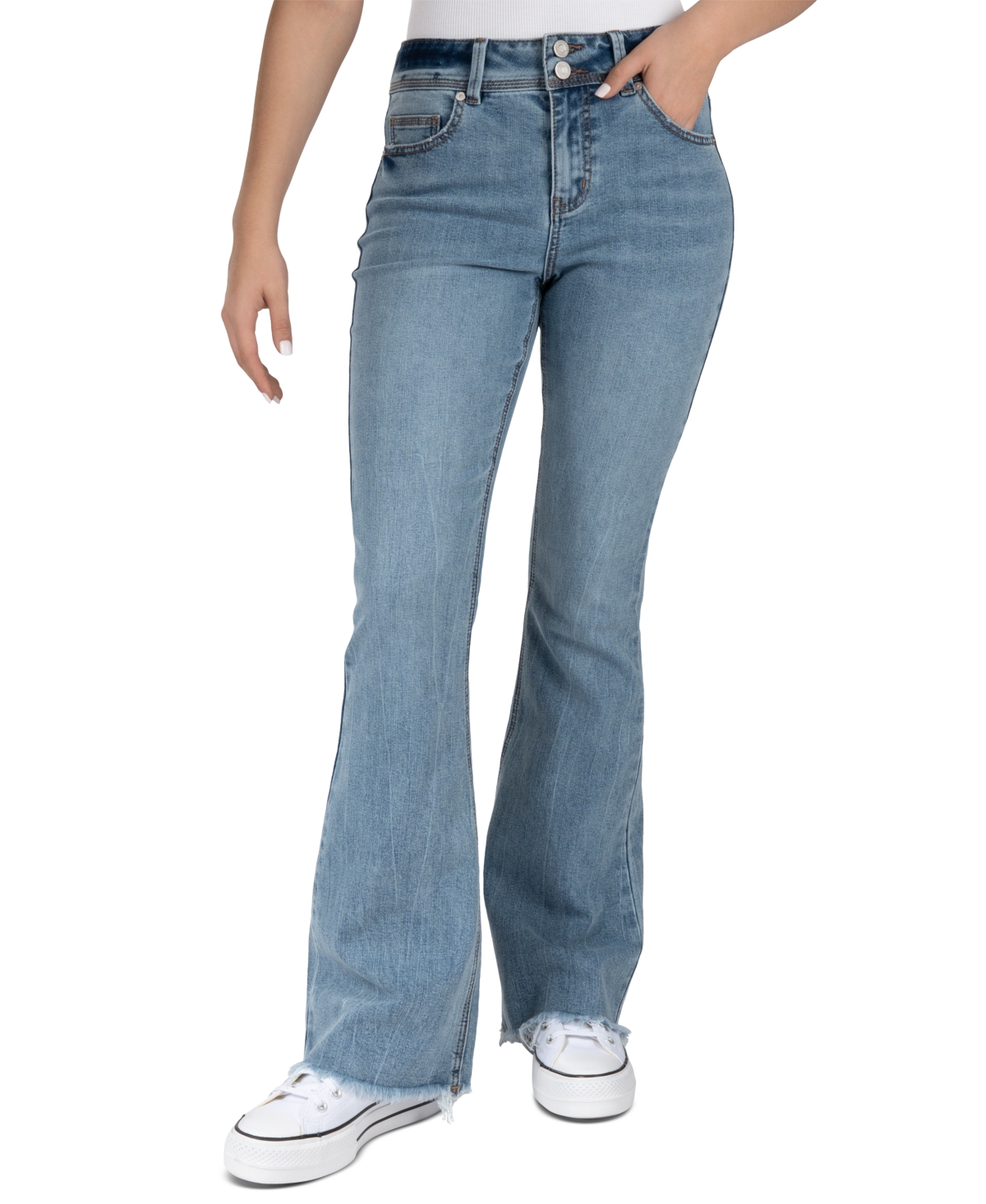 Indigo Rein Juniors' High-Rise Double-Button Frayed-Hem Flare Jeans