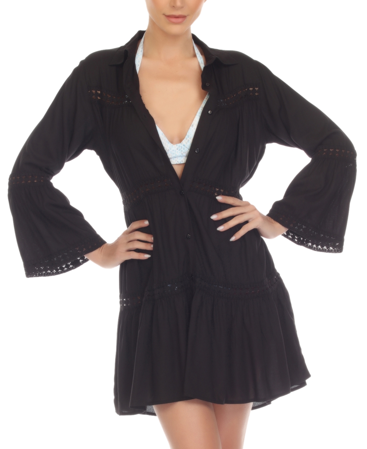 Raviya Plus Size Lace-insert Cover-up Long-sleeve Shirt Women's Swimsuit In Black
