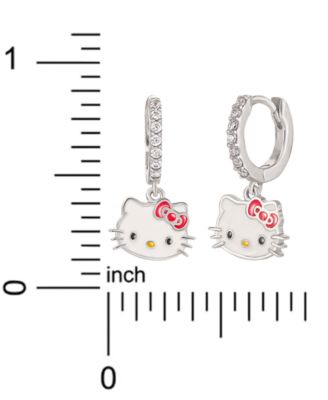 Cubic Zirconia & Enamel  Hello Kitty Dangle Hoop Drop Earrings in Sterling Silver