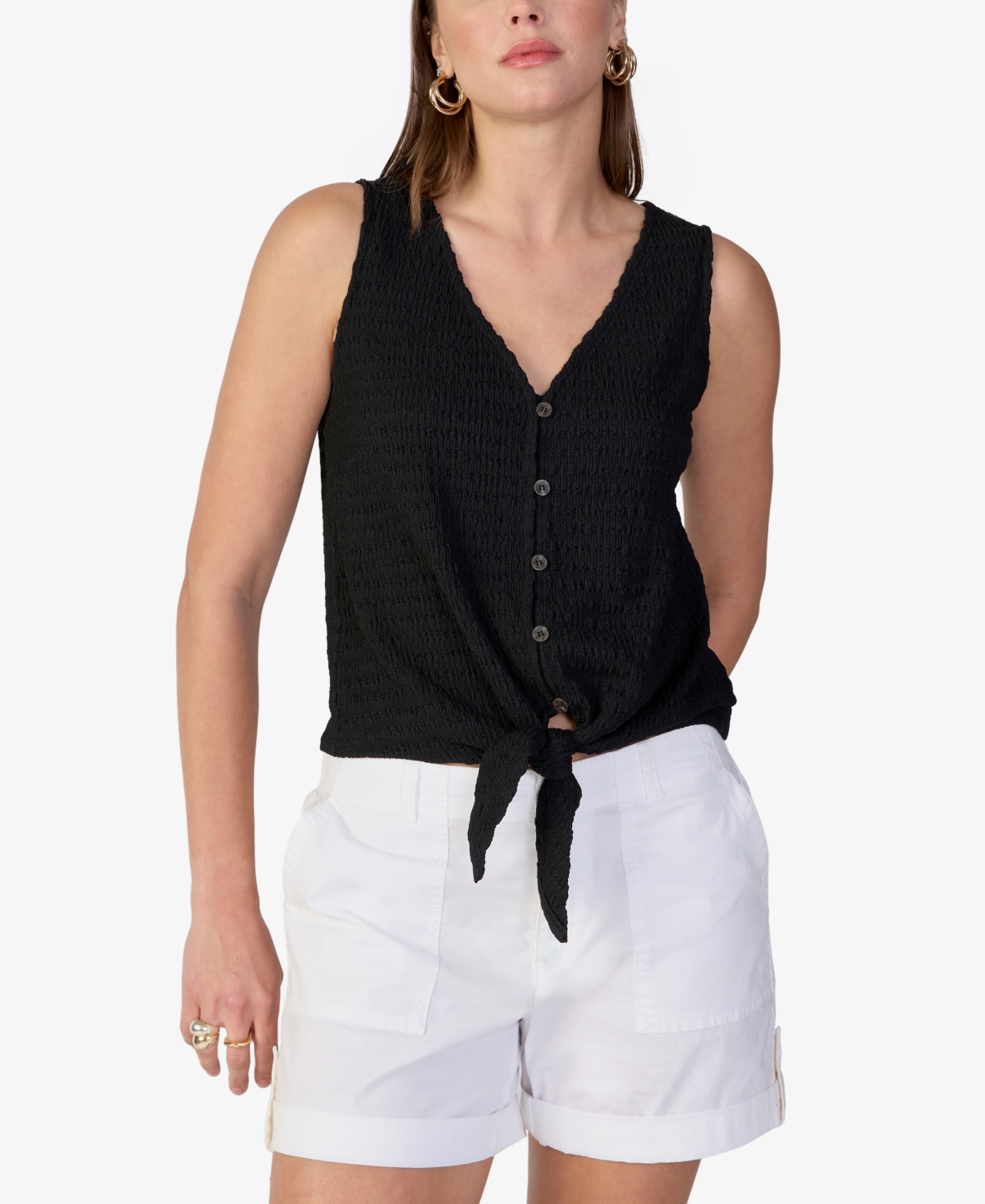 Shop Sanctuary Women's Link Up Textured Button-front Tie-hem Top In Black