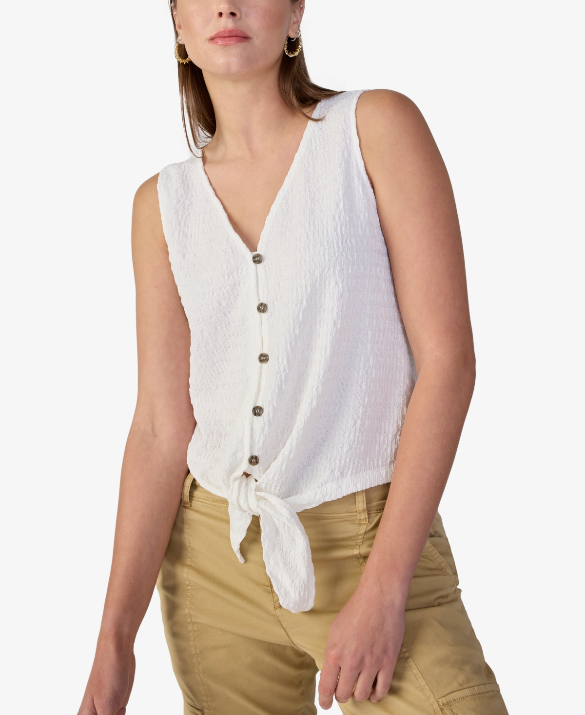 Shop Sanctuary Women's Link Up Textured Button-front Tie-hem Top In White