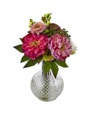 Nearly Natural - Peony & Mum in Glass Vase
