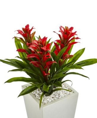 Triple Bromeliad Artificial Plant in White Tower Planter