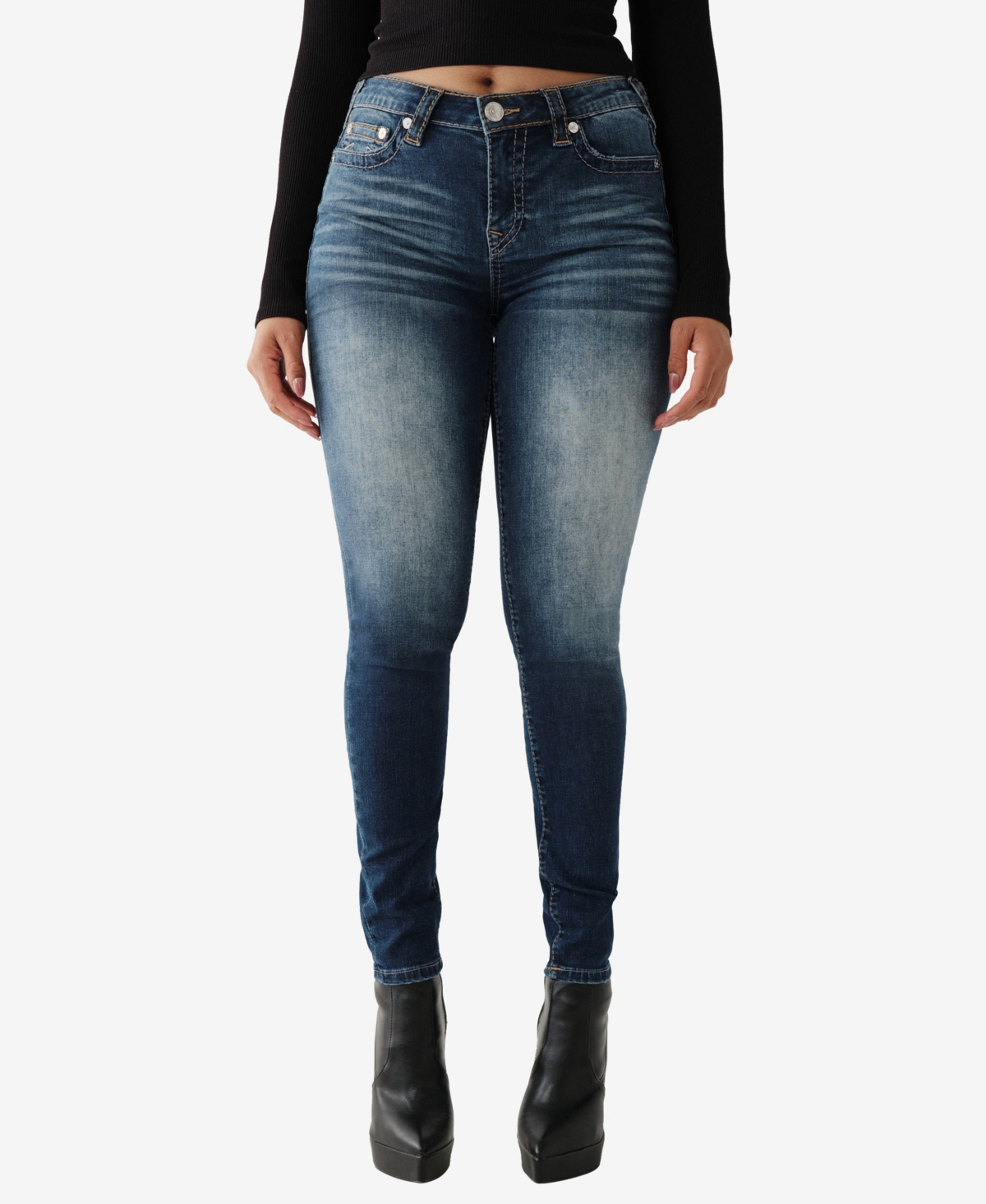 Shop True Religion Women's Mid Rise Curvy Jennie Big T Skinny Jeans In Mountain Bluebird