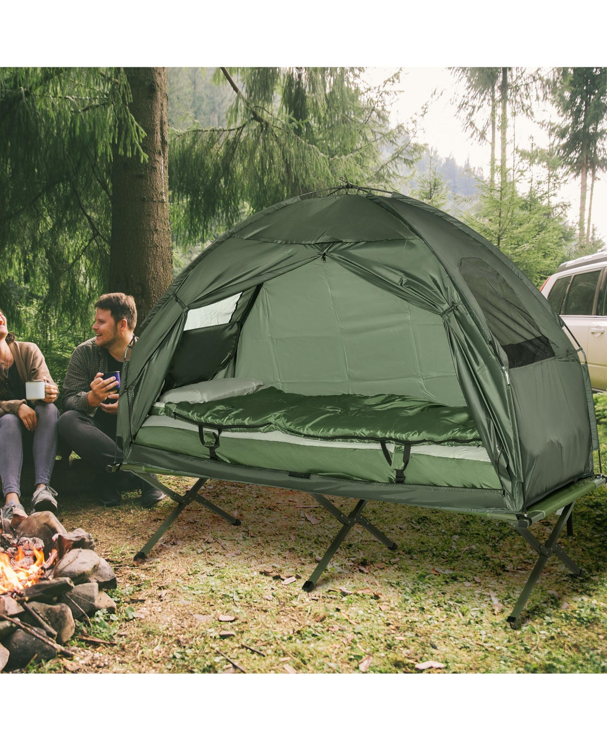 Outsunny Multifunctional Folding Camping Cots for Adults, Elevated Tent with Sleeping Bag, Thick Air Mattress Pad, Portable Single Sleeping Cot Campin