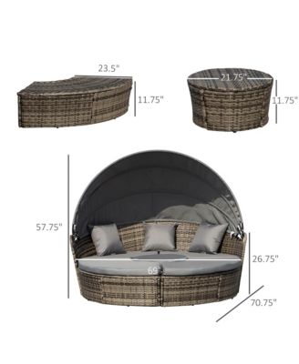 4-Piece Rattan Patio Furniture Set, Round Convertible Daybed or Sunbed with Adjustable Sun Canopy, Sectional Sofa, 2 Chairs, Table, 3 Pillows, Gray
