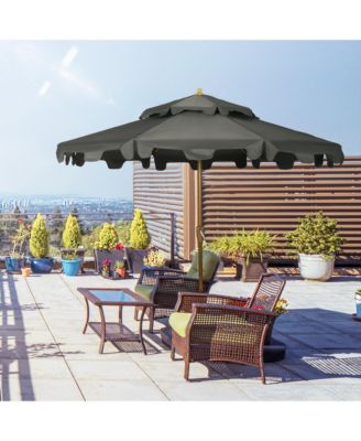 9' Patio Umbrella with Push Button Tilt and Crank, Double Top Ruffled Outdoor Market Table Umbrella with 8 Ribs, for Garden, Deck, Pool, Gray