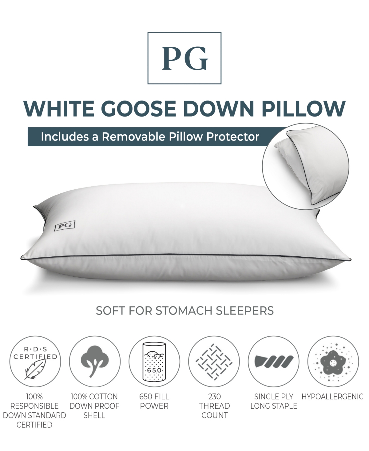 Pillow Guy 100% Certified Rds White Goose Down Soft Density Pillow, Standard/Queen