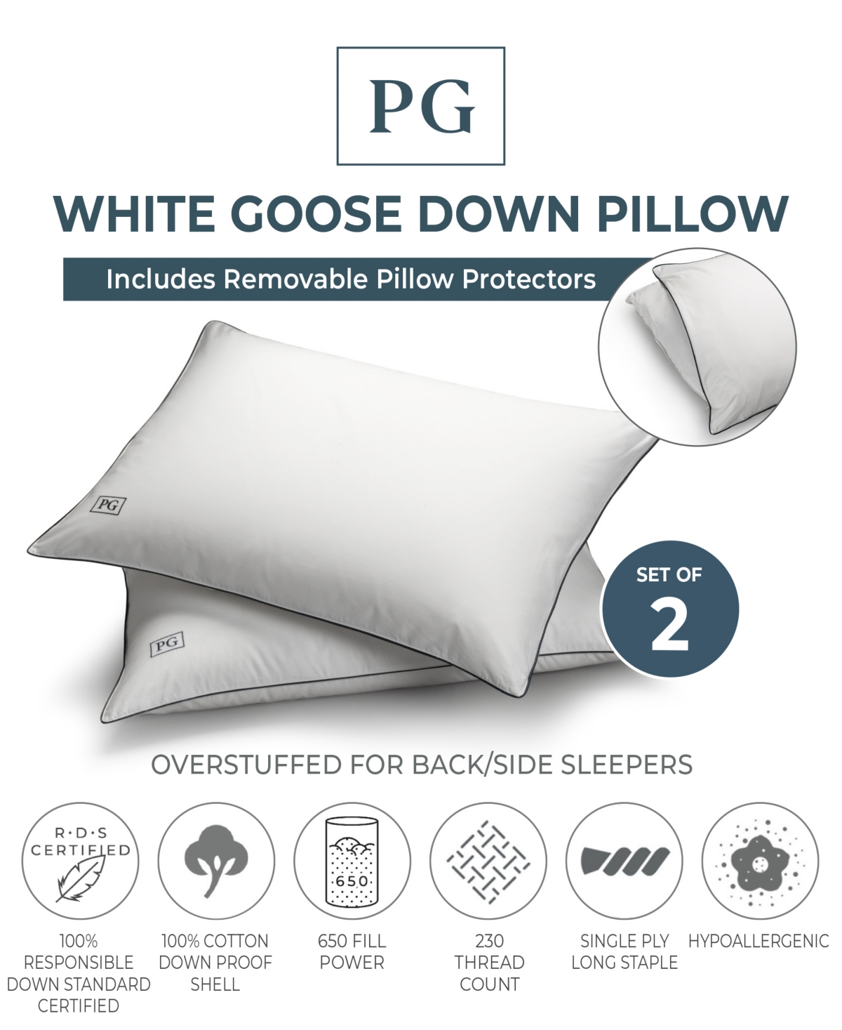 Pillow GuyGoose Down Density Pillow with 100% Certified Rds Down and Removable Pillow Protector, Jumbo Size - Set of 2, Full/Queen - White