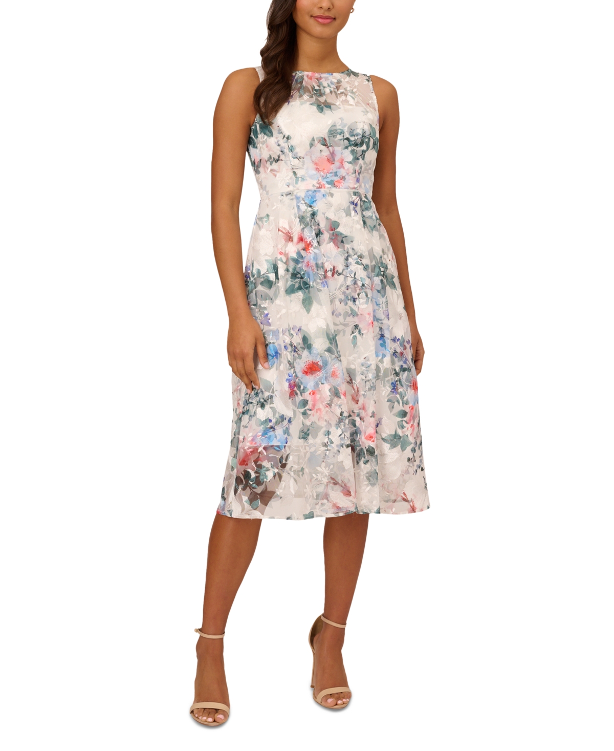 Adrianna Papell Women's Floral-print Veiled Sleeveless Dress In Ivory Multi