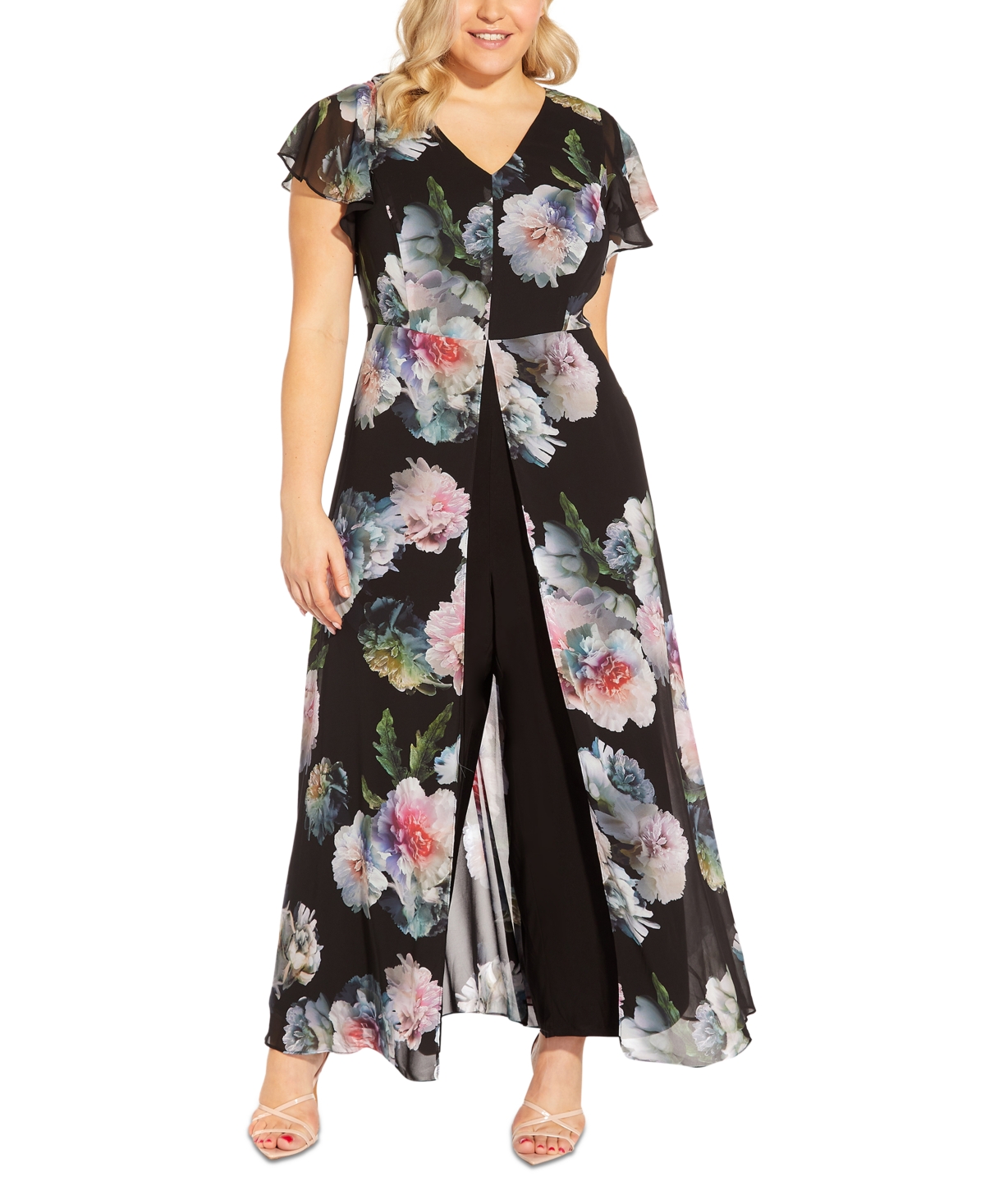 Plus Size Floral Chiffon Overlay Jumpsuit - Black Multi