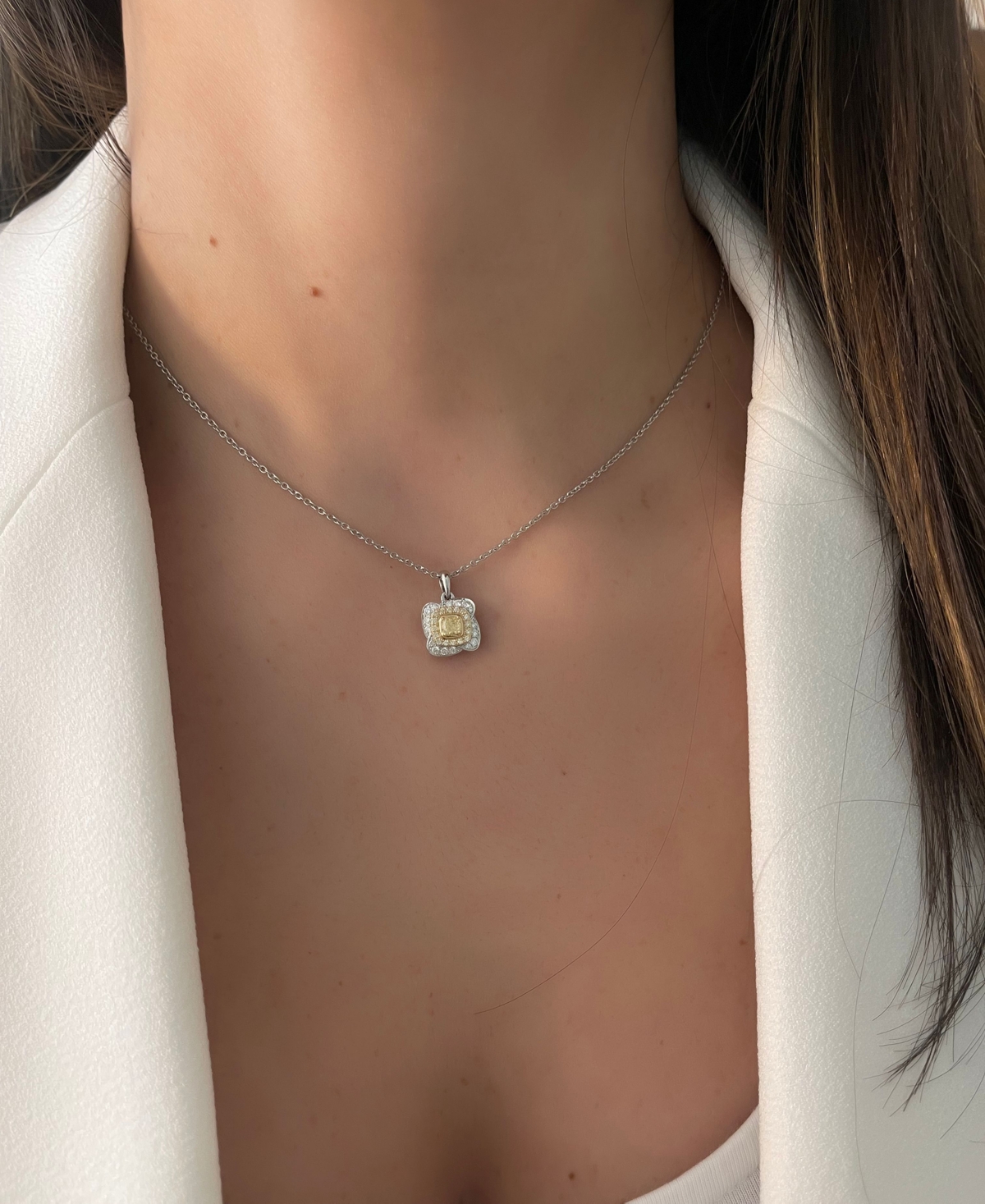 Le Vian Sunny Yellow Diamond (1/4 ct. t.w.) & Vanilla Diamond (1/6 ct. t.w.) Double Halo 18" Pendant Necklace in Platinum & 14k Gold