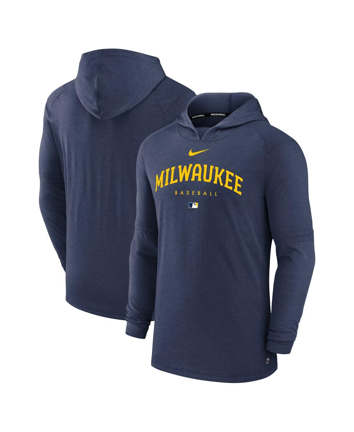 Men's NikeMilwaukee Brewers Authentic Collection Early Work Tri-Blend Performance Pullover Hoodie - Heather Navy