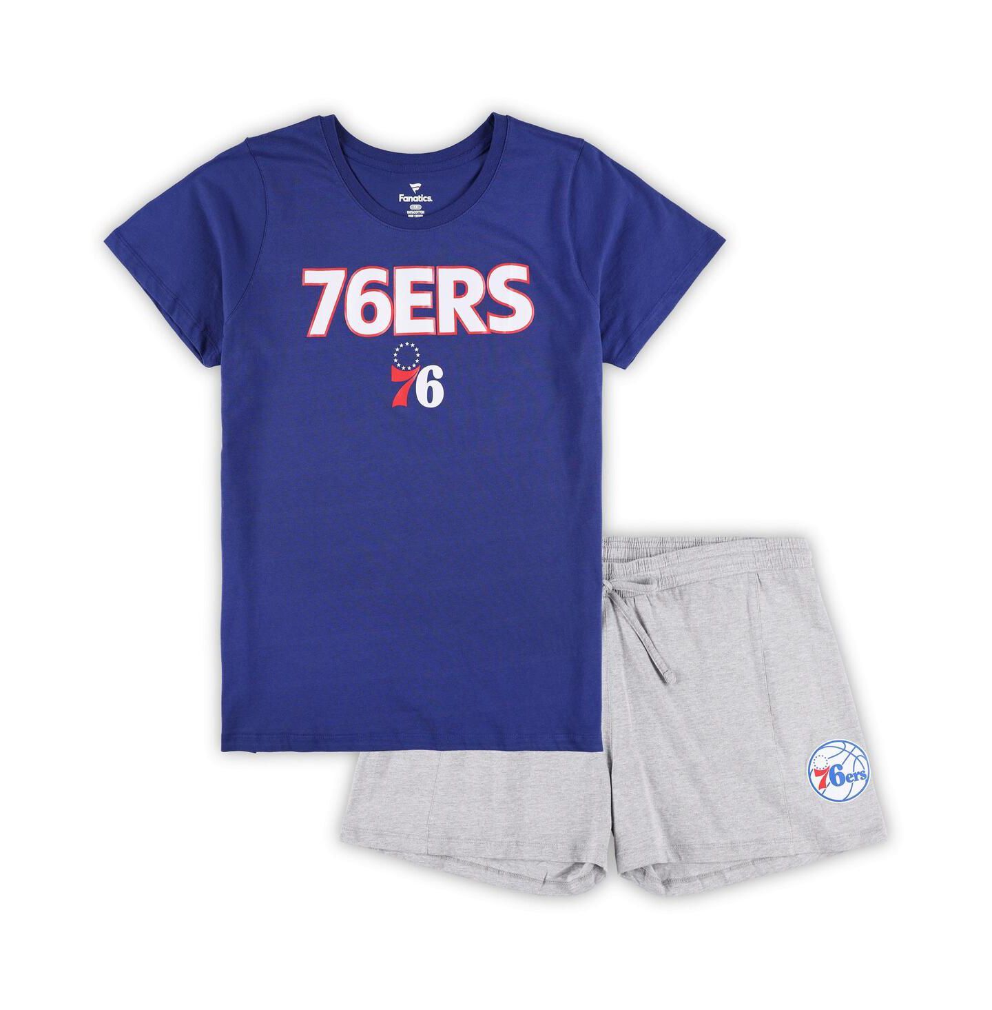 Женские комплекты Fanatics Royal, Heather Gray Philadelphia 76ers Plus Size T-shirt and Shorts Combo Set — фото 1
