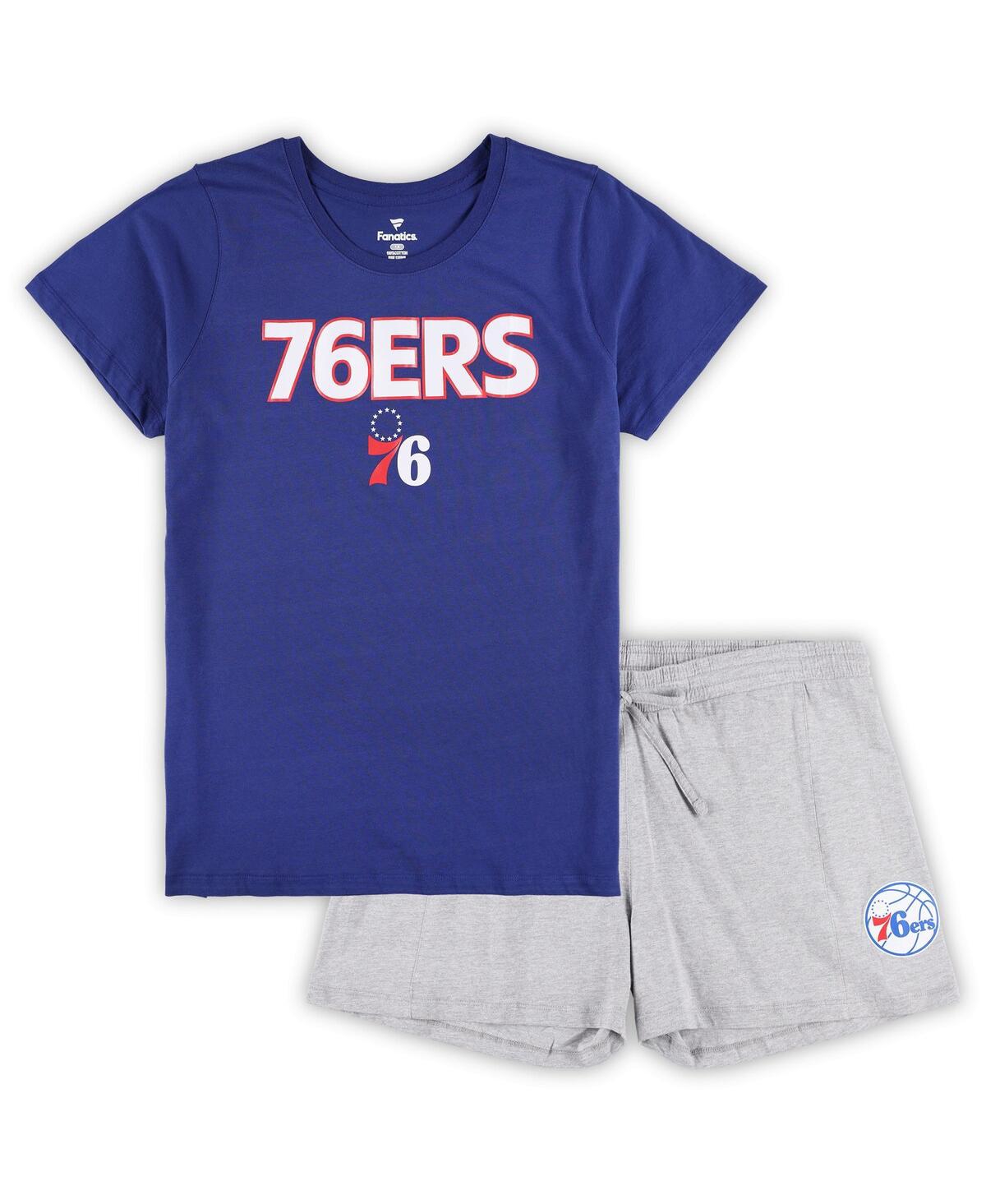 Women's Fanatics Royal, Heather Gray Philadelphia 76ers Plus Size T-shirt and Shorts Combo Set - Royal, Heather Gray