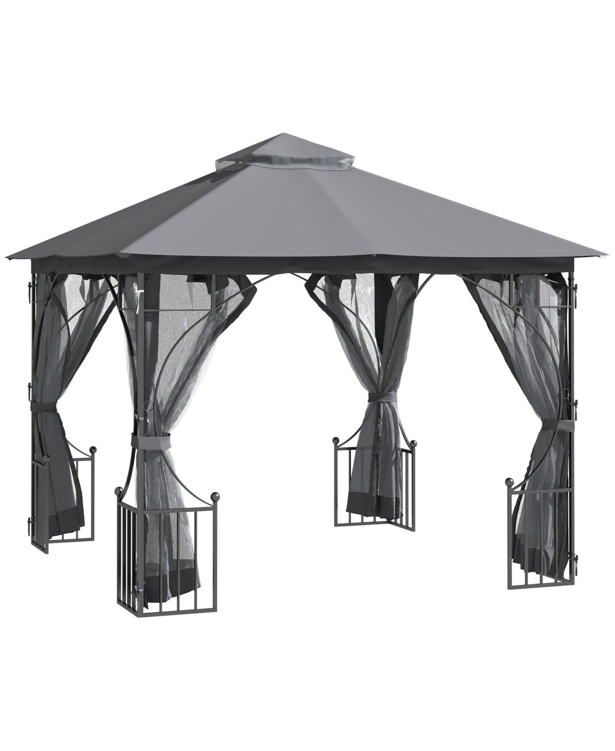10' x 10' Patio Gazebo, Outdoor Canopy Pavilion with Mesh Netting Sidewalls, 2-Tier Polyester Roof, & Steel Frame, Dark Grey - Dark grey