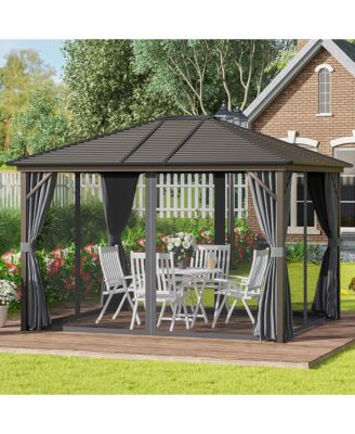 10'x12' Hardtop Gazebo, Mesh, Curtains, Steel Slat Canopy, Dark