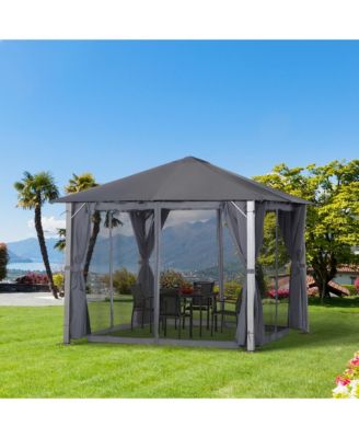 Patio Gazebo 10' x 10' Outdoor Soft Top Canopy Tent with Zippered Mesh Sidewalls, Privacy Curtains, Netting, Dark Grey