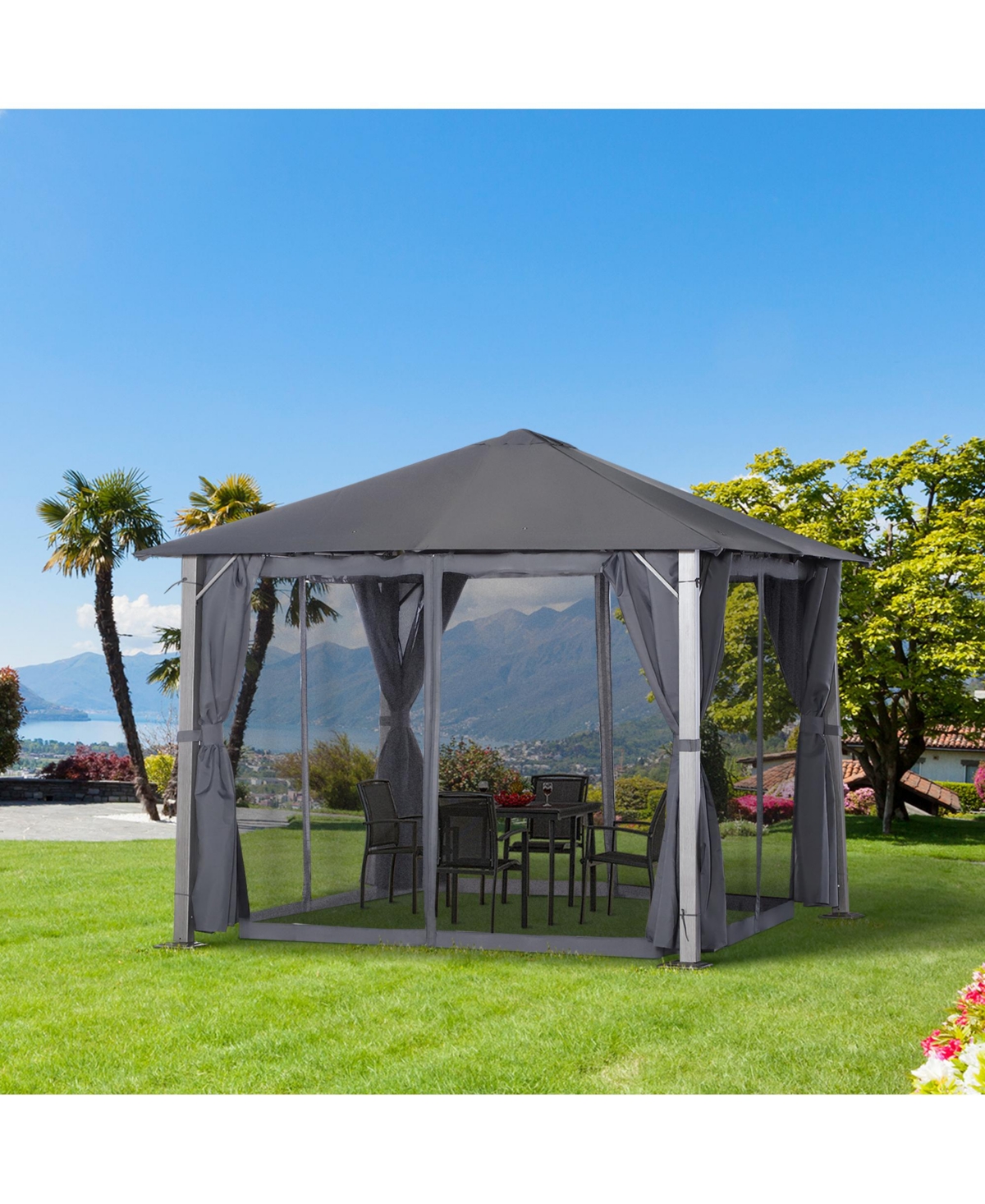 Outsunny Patio Gazebo 10' x 10' Outdoor Soft Top Canopy Tent with Zippered Mesh Sidewalls, Privacy Curtains, Netting, Dark Grey