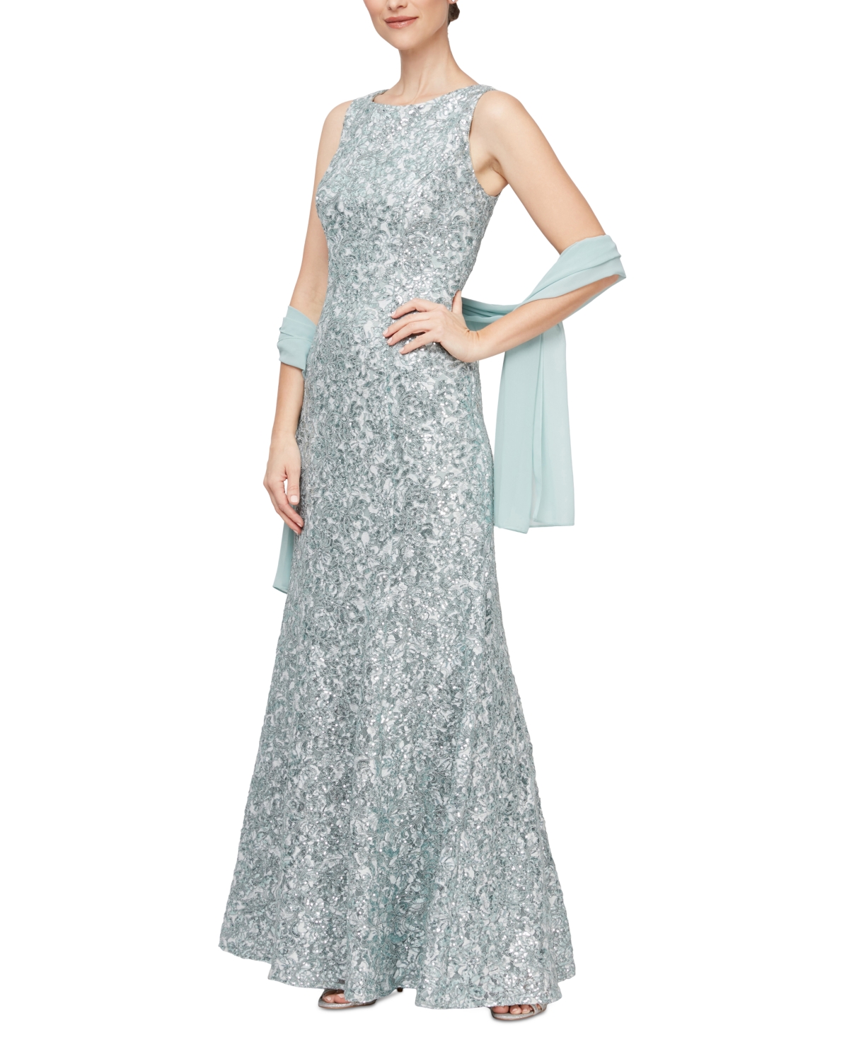 ALEX EVENINGS PETITE ALLOVER-SEQUIN FIT & FLARE GOWN & SHAWL