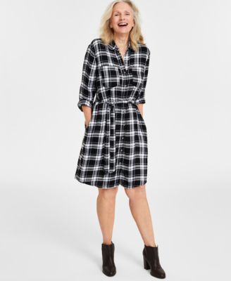 Women's Plaid Belted Long-Sleeve Shirt Dress, Created for Macy's