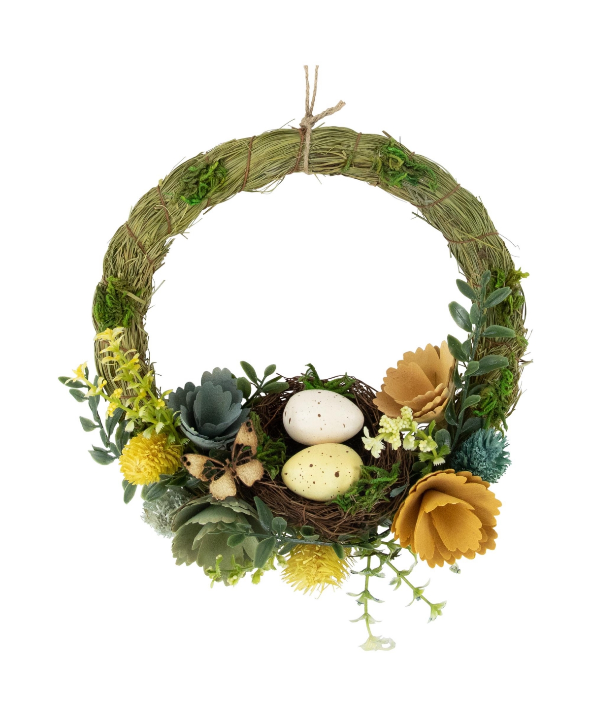 Northlight 9" Easter Egg And Bird Nest Wreath With Wooden Flowers In Green
