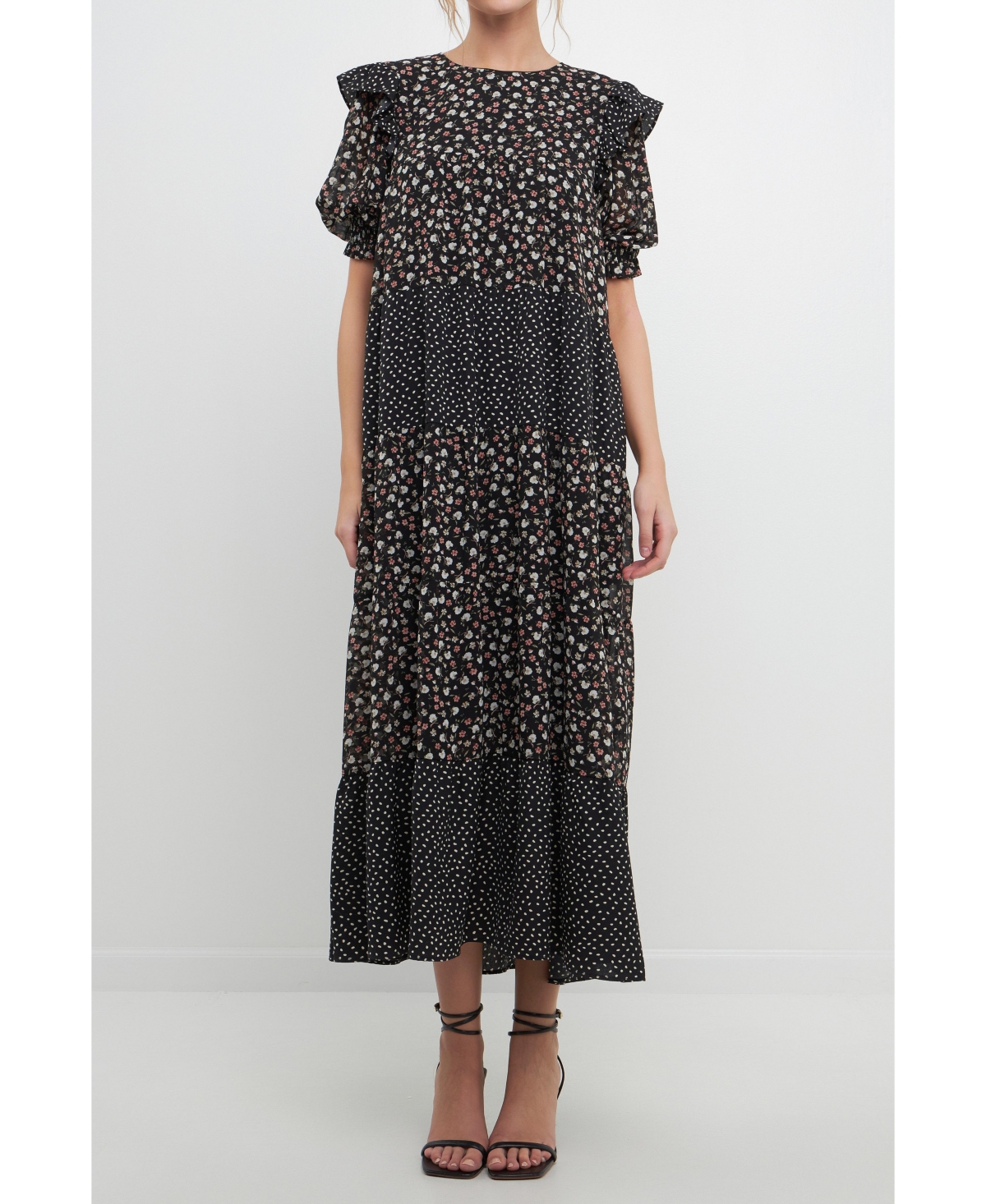 Women's Floral & Dot Print Maxi Dress - Black multi