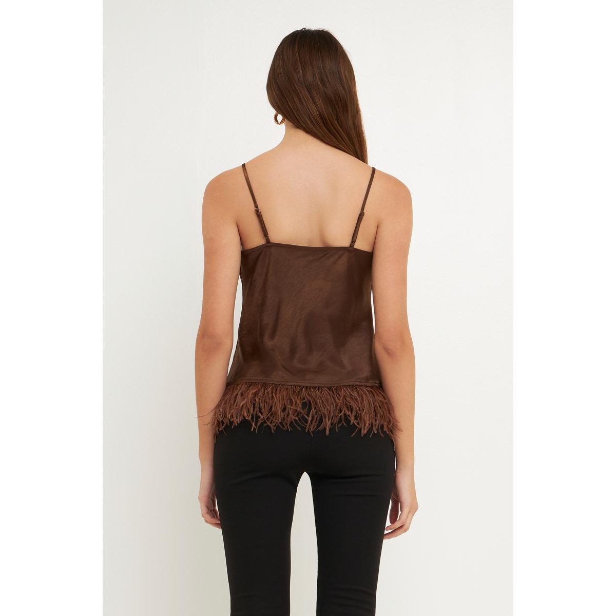 endless rose Women's Satin Cowl Neck Top with Feather