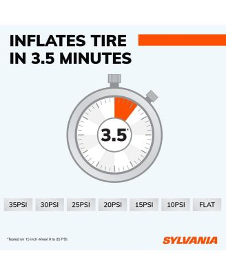 RAPID tire inflator with large LED display, auto-stop, memory, LED work light, case, gloves, spare caps & fuse for easy inflation.