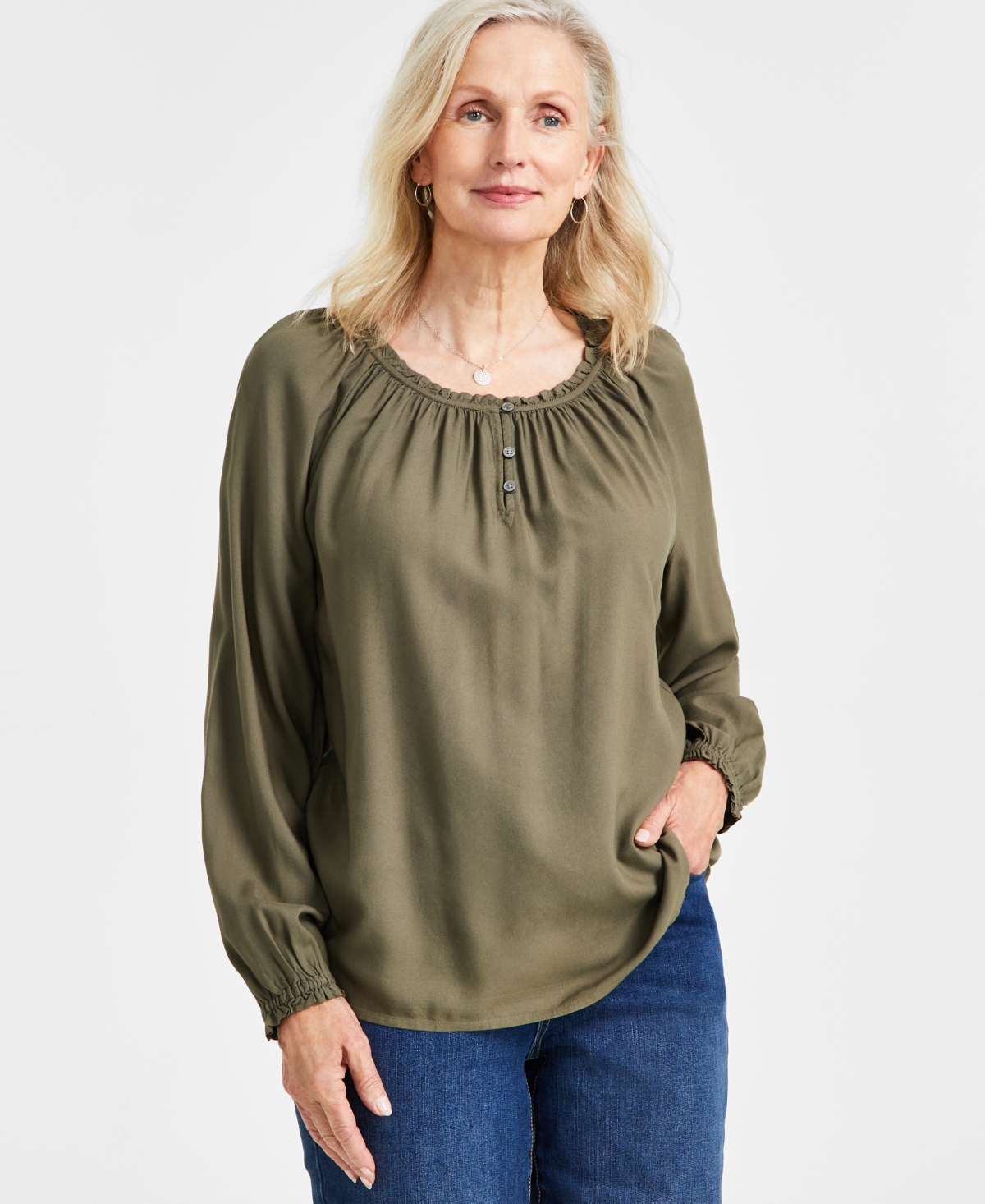 Style & Co Women's Drapey Popover Peasant Top, Created For Macy's In Olive