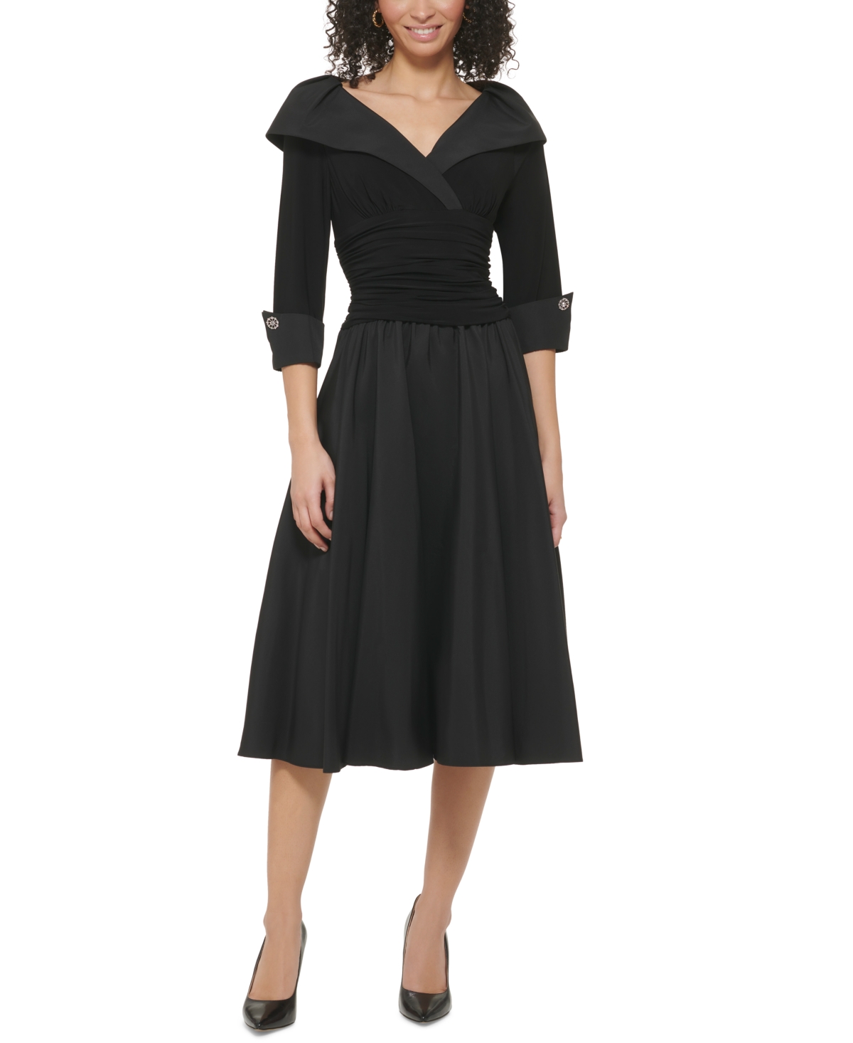 Petite 3/4-Sleeve Portrait-Collar Fit & Flare Dress - Black