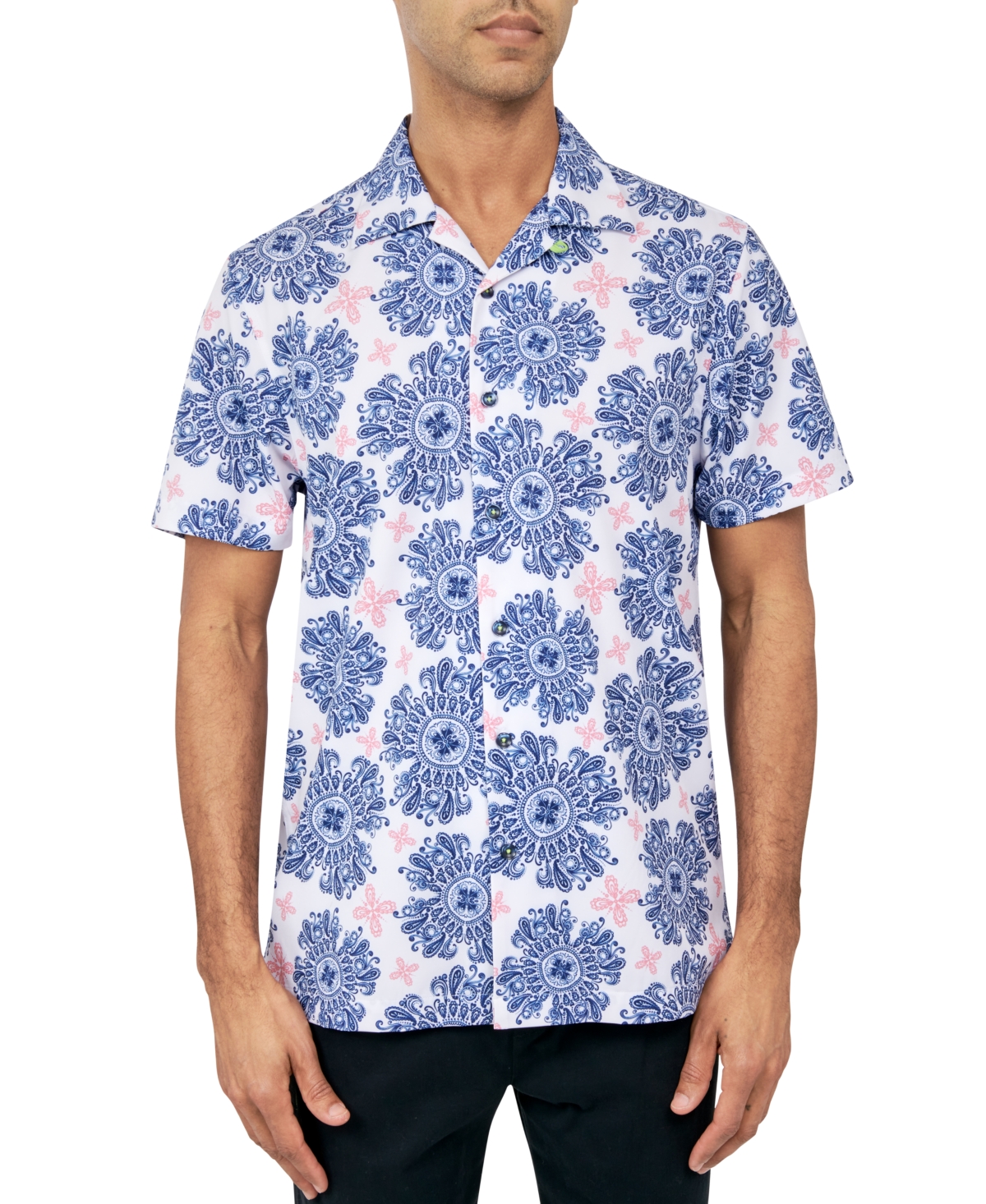 Society Of Threads Men's Regular-fit Non-iron Performance Stretch Medallion Print Camp Shirt In Blue
