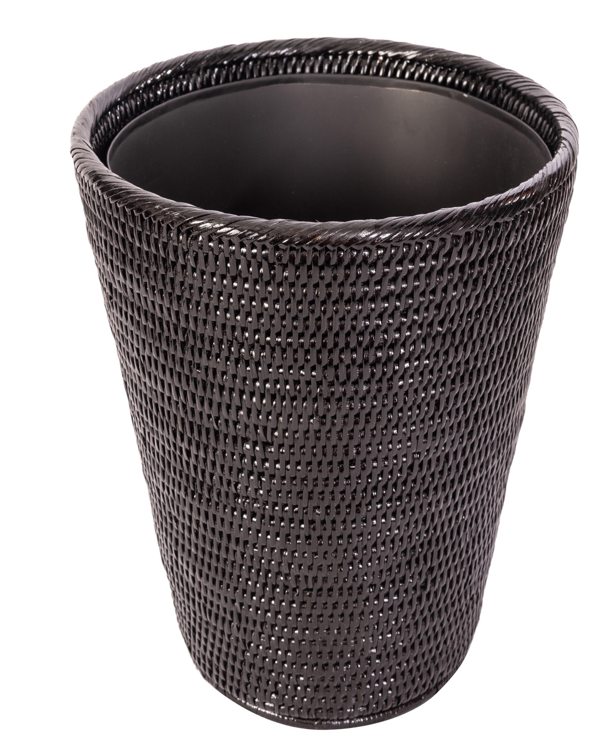 Artifacts Trading Company Rattan Round Tapered Waste Basket With Metal Liner In Tudor Black