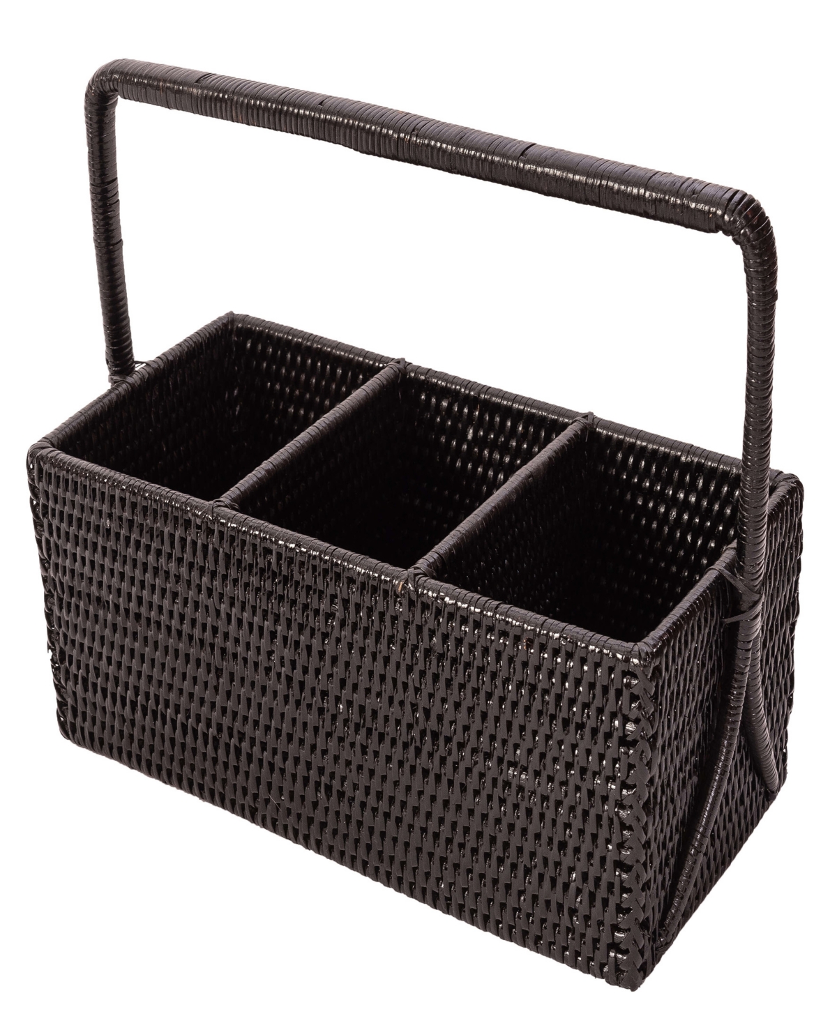 Artifacts Trading Company Rattan 3 Section Caddy/cutlery Holder With Handle In Tudor Black