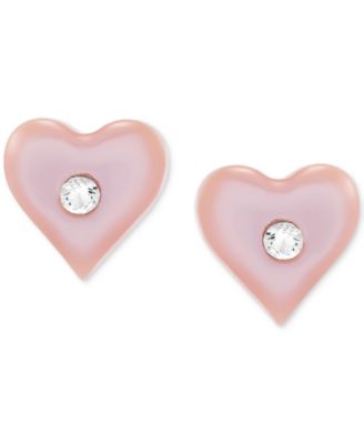 Children's Pink Mother of Pearl & Crystal Heart Stud Earrings in 14k Gold