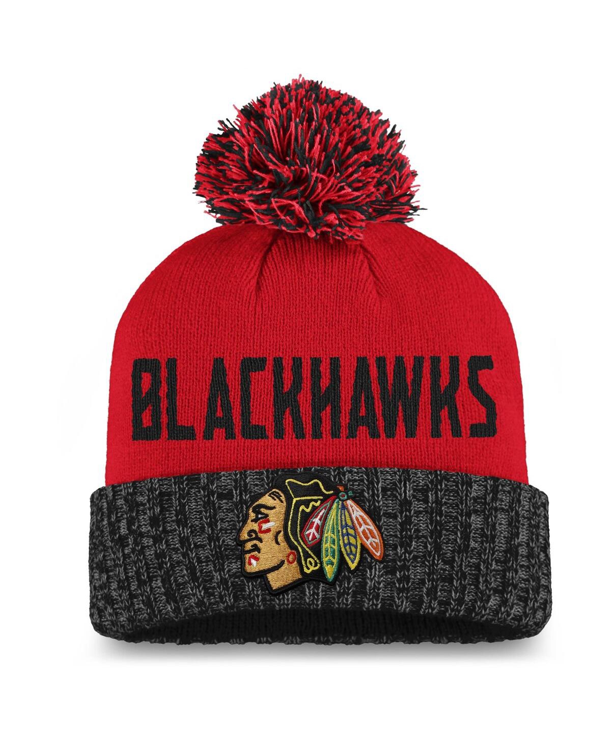 Fanatics Women's  Red, Black Chicago Blackhawks Iconic Cuffed Knit Hat With Pom In Red,black