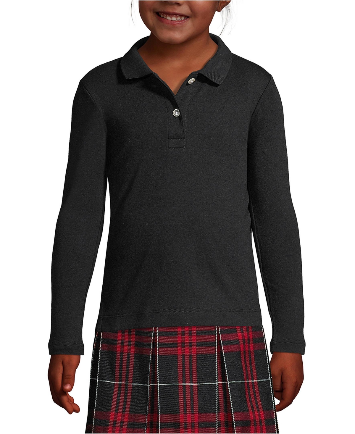 Lands' End Girls School Uniform Long Sleeve Feminine Fit Interlock Polo Shirt