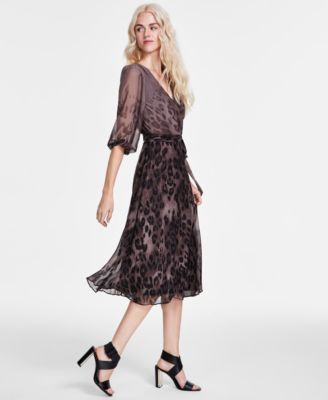 Women's Printed Faux-Wrap Balloon-Sleeve Dress