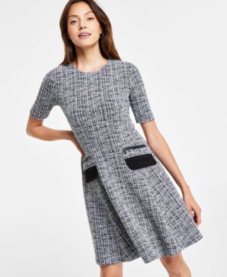 Short Sleeve Zipper Flap-Pocket A-line Tweed Dress