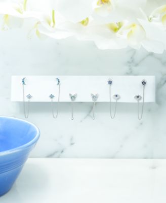 Lab-grown Blue Sapphire (1/4 ct. t.w.) & Lab-grown White Sapphire (1/4 ct. t.w.) Evil Eye & Hamsa Hand Double Pierced Chain Earrings in Sterling Silver