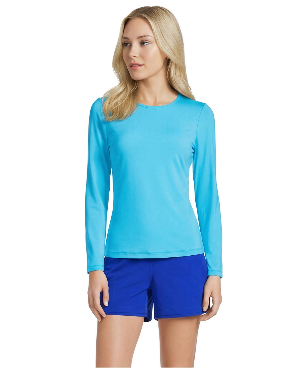 Lands' End Women's Long Torso SunShade Upf 50 Long Sleeve Relaxed Rash Guard - Turquoise
