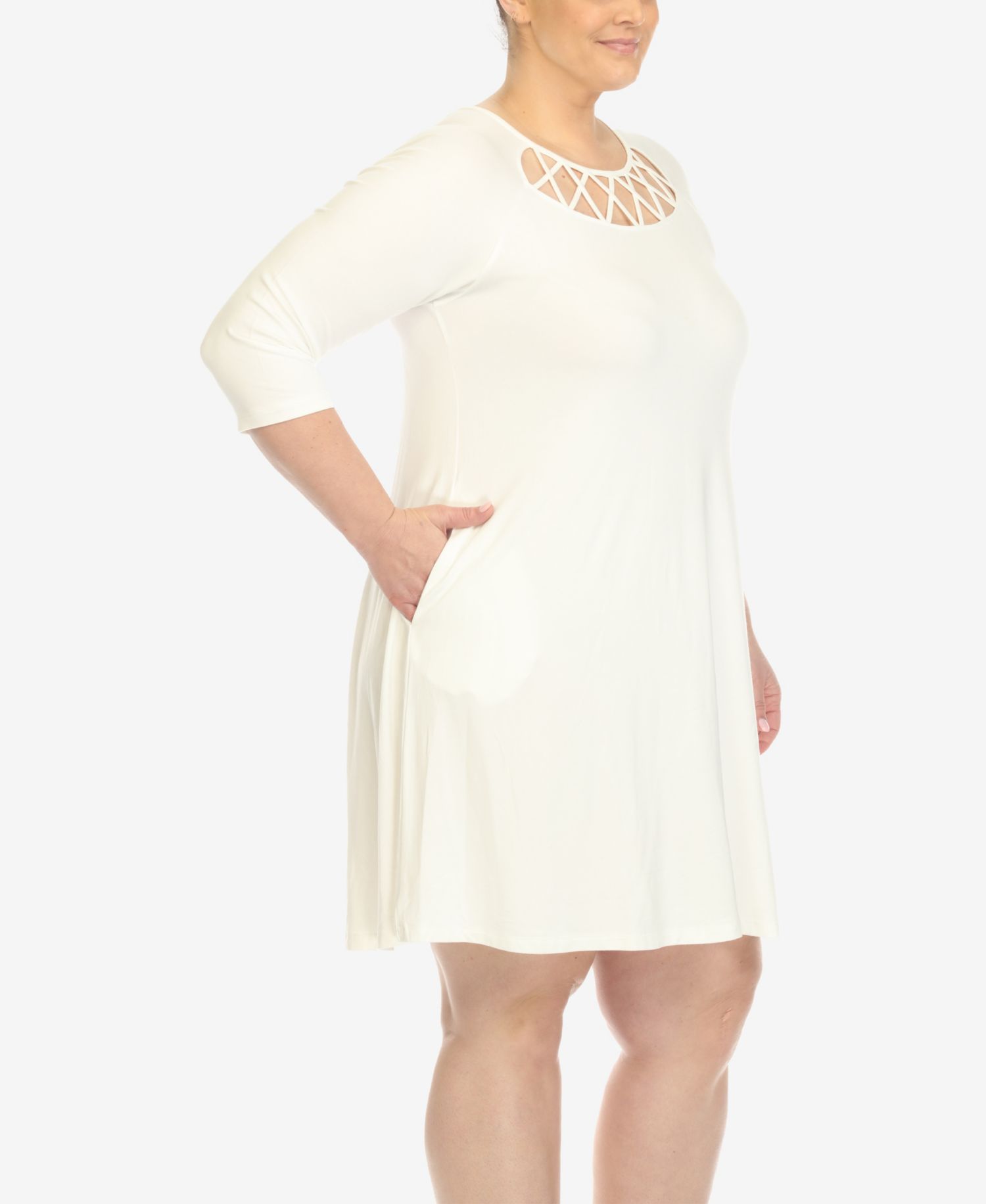 Plus Size Criss Cross Neckline 3/4 Sleeve Swing Dress