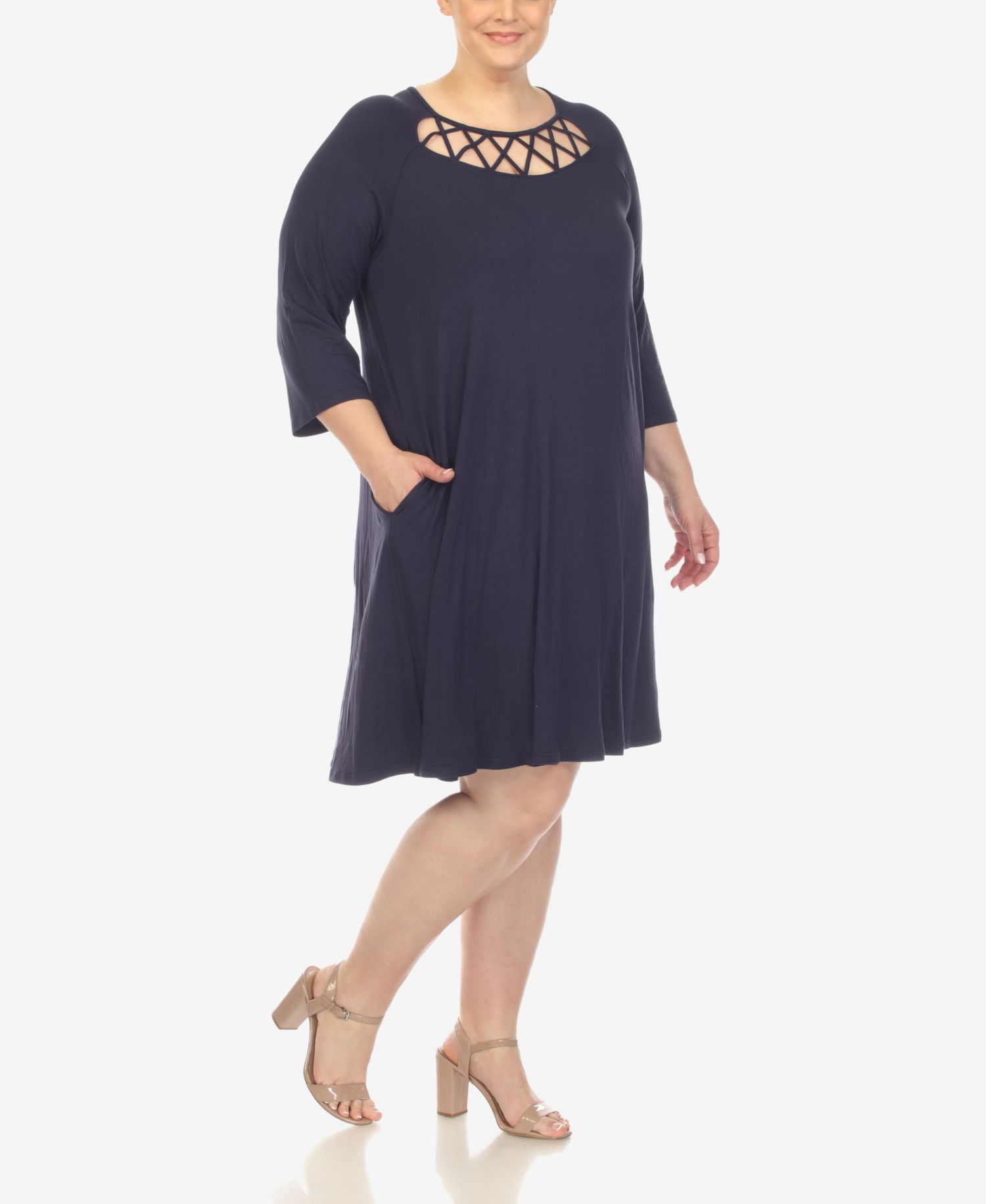 Plus Size Criss Cross Neckline 3/4 Sleeve Swing Dress