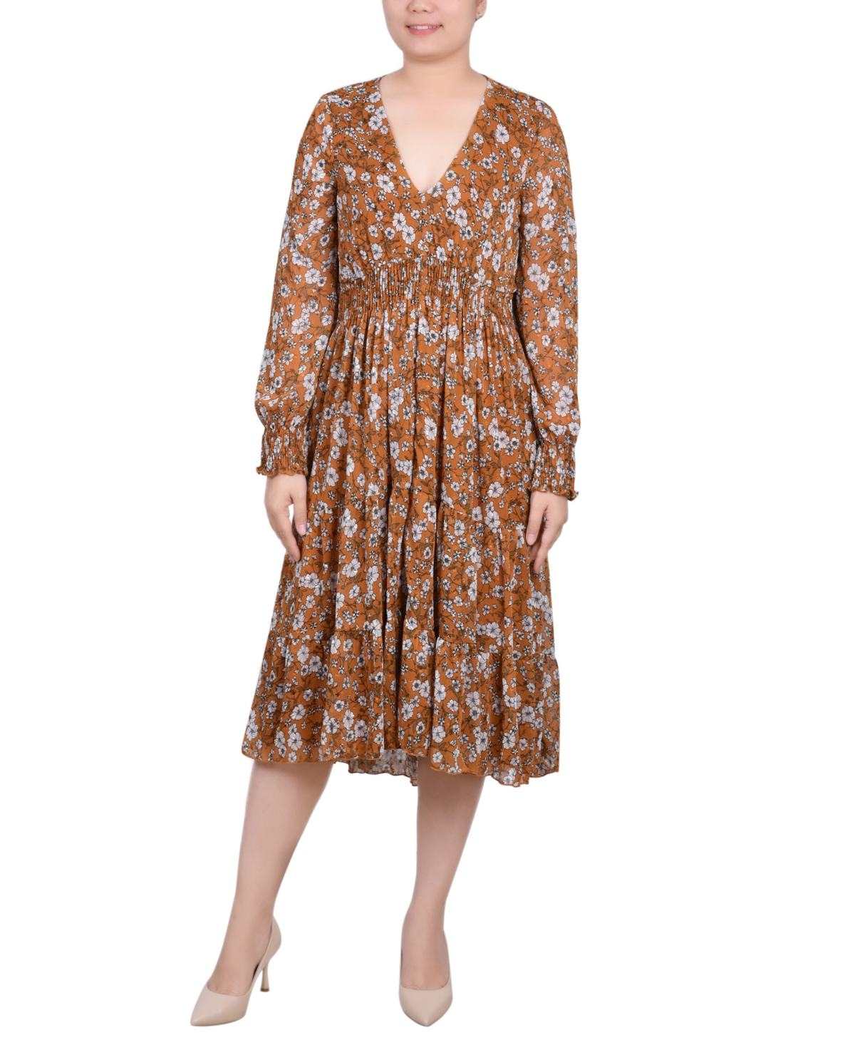 Shop Ny Collection Women's Long Sleeve Clip Dot Chiffon Dress With Smocked Waist And Cuffs Dress In Mustard Floral
