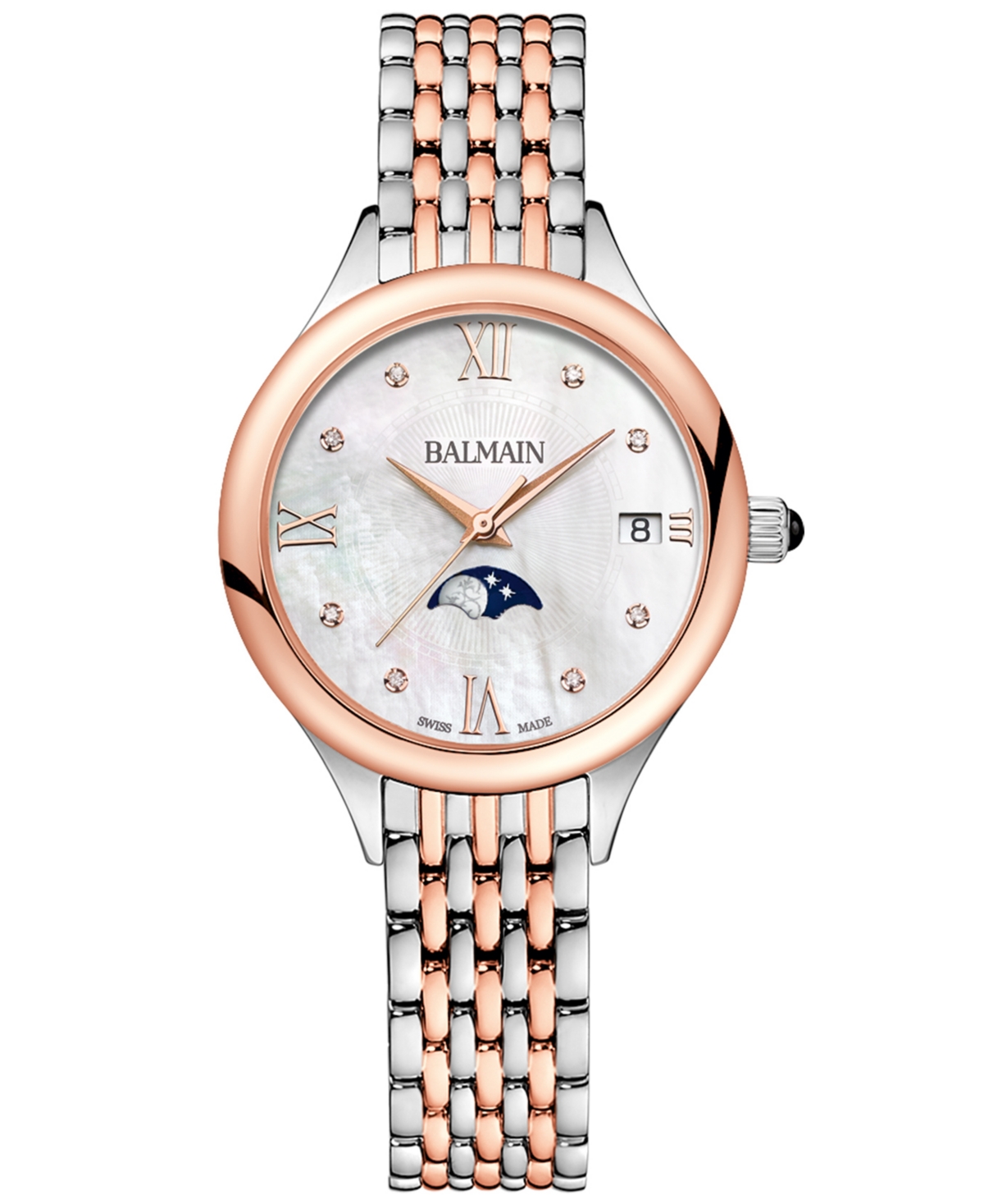 Balmain Women's Swiss  De  Moonphase Diamond Accent Two-tone Stainless Steel Bracelet Watch 31 In Silver,pink